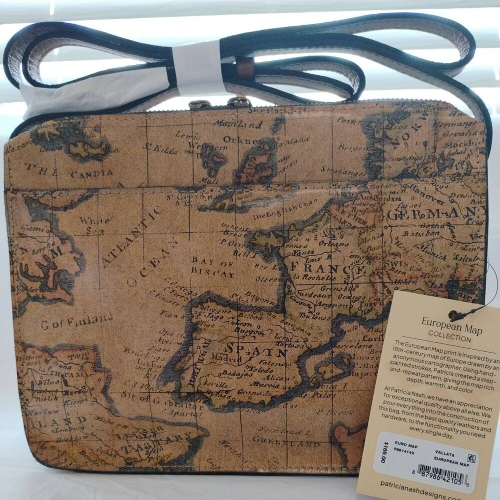 Patricia Nash Vallata Leather Adjustable Crossbody Bag European Map Print- NWT - Picture 5 of 10